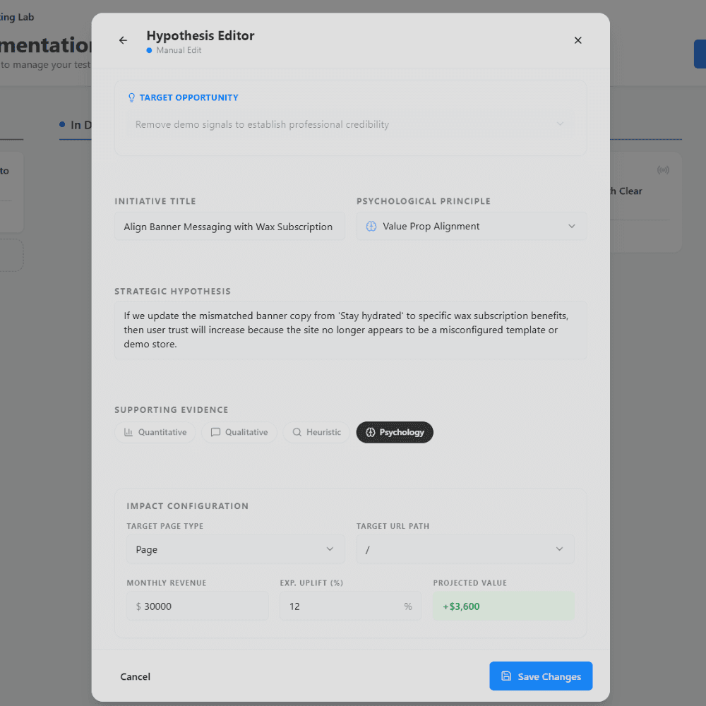 AI Hypothesis Editor showing editable test parameters with confidence scoring
