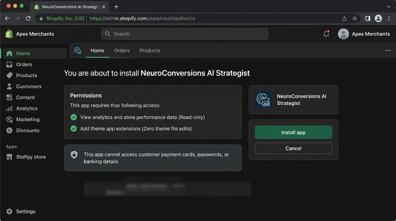 Official Shopify Admin 1-click app authorization screen with read-only permissions