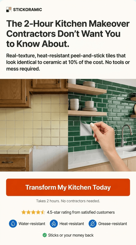 Stickoramic Strategic Variant - 2-hour makeover curiosity hook with before-after kitchen contrast